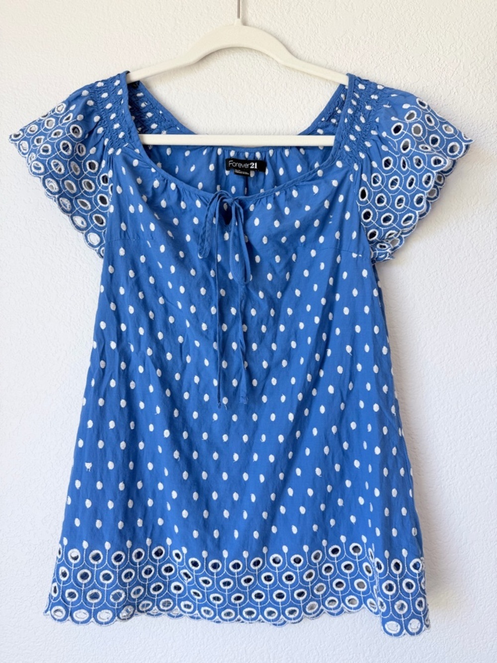 Forever 21 Blue Polka Dot Peasant Top Eyelet Tie Front Blouse S
